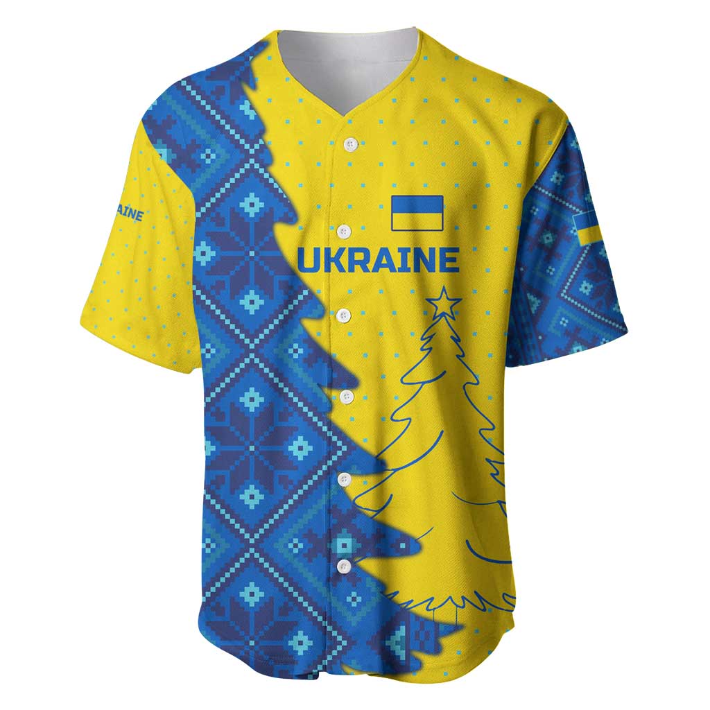 Ukraine Christmas Baseball Jersey with Yellow and Blue Tree Design and Traditional Embroidery - Wonder Print Shop