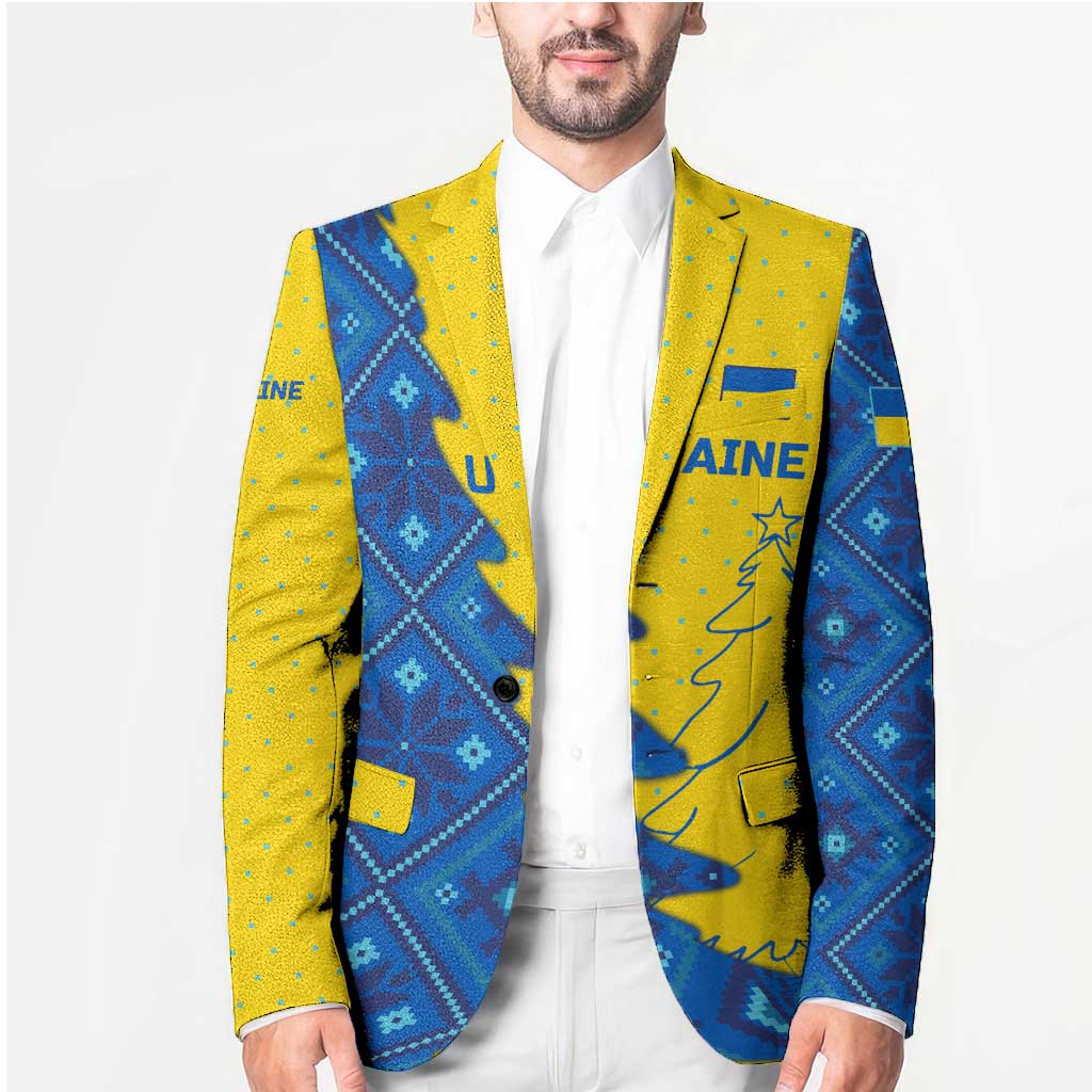 Ukraine Christmas Blazer with Yellow and Blue Tree Design and Traditional Embroidery - Wonder Print Shop