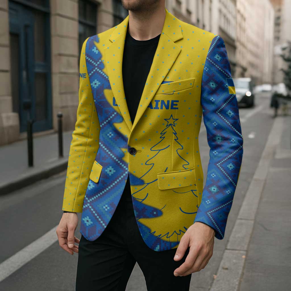 Ukraine Christmas Blazer with Yellow and Blue Tree Design and Traditional Embroidery - Wonder Print Shop