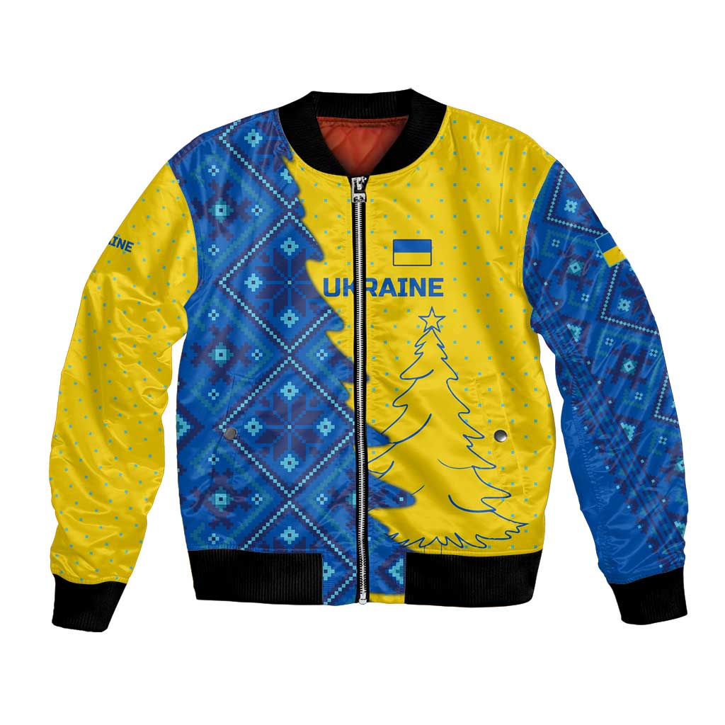 Ukraine Christmas Bomber Jacket with Yellow and Blue Tree Design and Traditional Embroidery - Wonder Print Shop