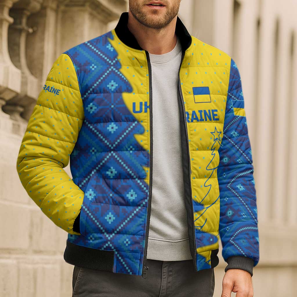 Ukraine Christmas Bomber Puffer Jacket with Yellow and Blue Tree Design and Traditional Embroidery - Wonder Print Shop