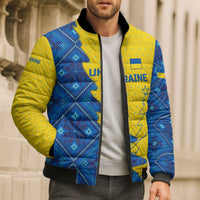 Ukraine Christmas Bomber Puffer Jacket with Yellow and Blue Tree Design and Traditional Embroidery - Wonder Print Shop