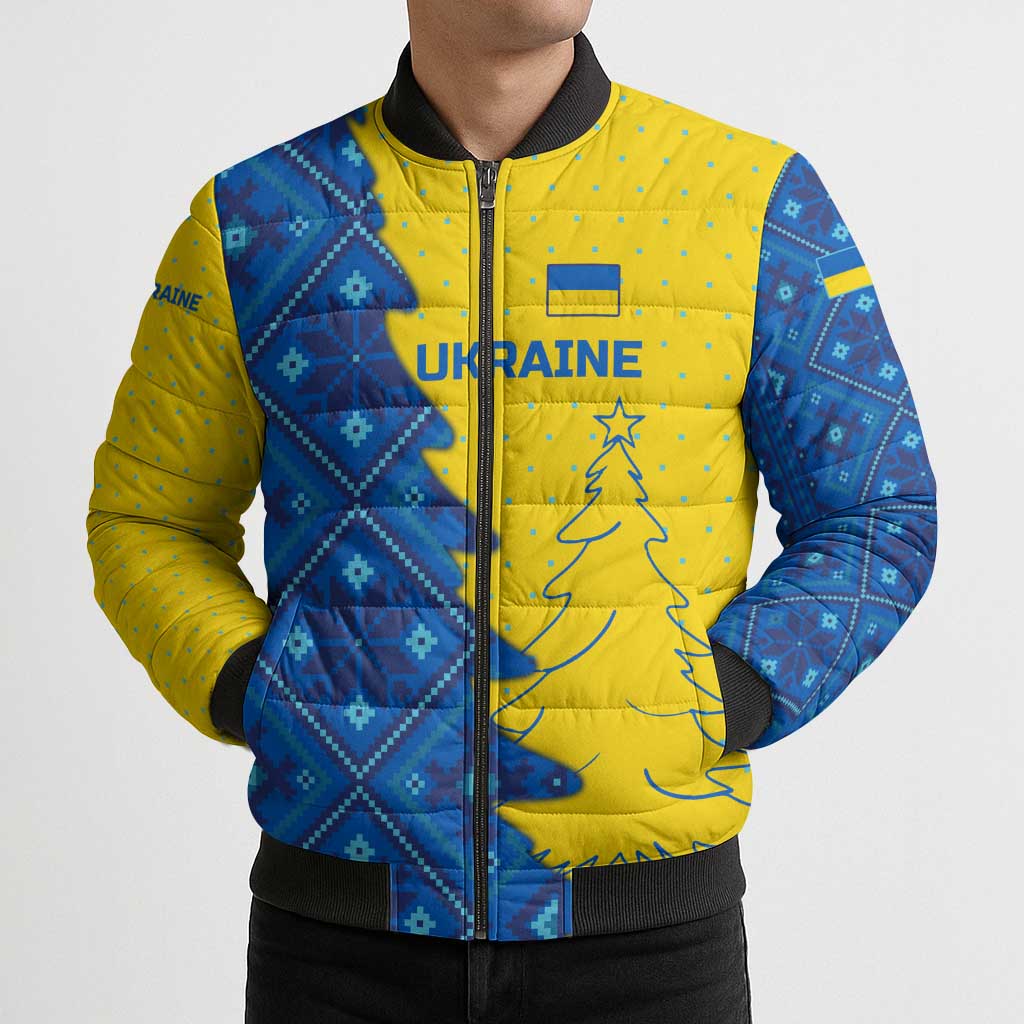 Ukraine Christmas Bomber Puffer Jacket with Yellow and Blue Tree Design and Traditional Embroidery - Wonder Print Shop