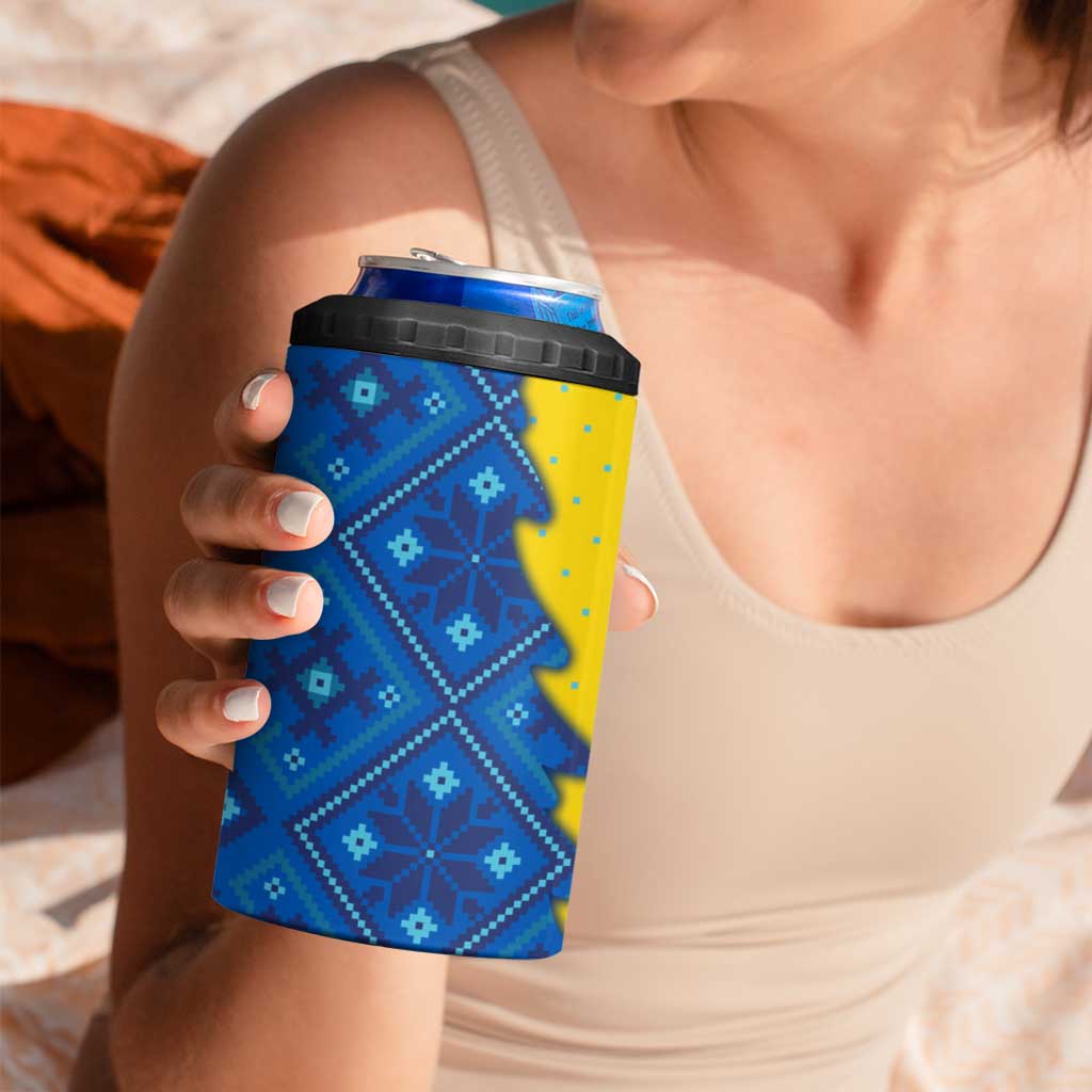 Ukraine Christmas 4 in 1 Can Cooler Tumbler with Yellow and Blue Tree Design and Traditional Embroidery - Wonder Print Shop