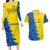 Ukraine Christmas Couples Matching Long Sleeve Bodycon Dress and Hawaiian Shirt with Yellow and Blue Tree Design and Traditional Embroidery - Wonder Print Shop
