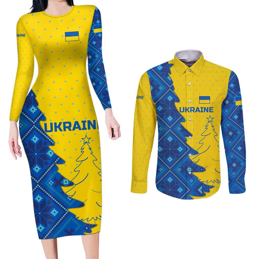 Ukraine Christmas Couples Matching Long Sleeve Bodycon Dress and Long Sleeve Button Shirt with Yellow and Blue Tree Design and Traditional Embroidery - Wonder Print Shop