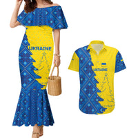 Ukraine Christmas Couples Matching Mermaid Dress and Hawaiian Shirt with Yellow and Blue Tree Design and Traditional Embroidery - Wonder Print Shop