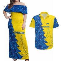Ukraine Christmas Couples Matching Off Shoulder Maxi Dress and Hawaiian Shirt with Yellow and Blue Tree Design and Traditional Embroidery - Wonder Print Shop