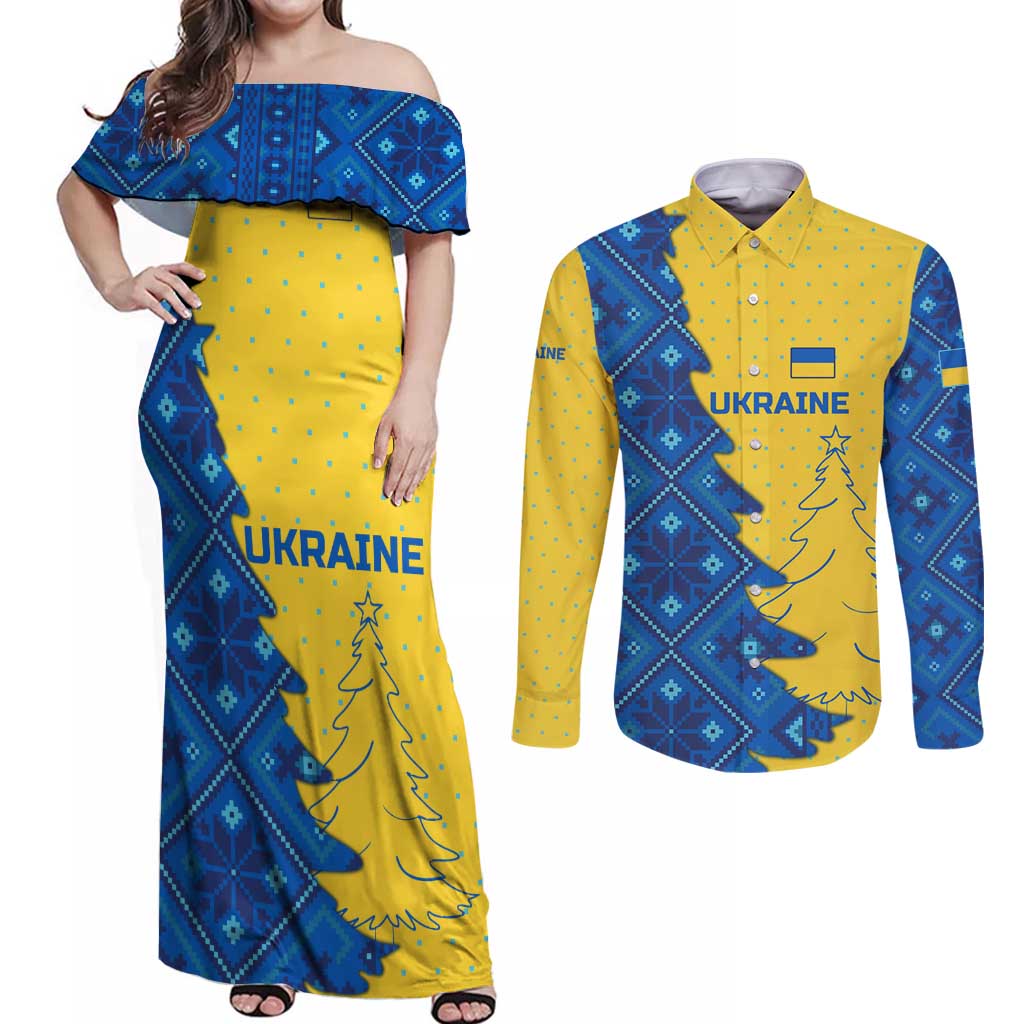 Ukraine Christmas Couples Matching Off Shoulder Maxi Dress and Long Sleeve Button Shirt with Yellow and Blue Tree Design and Traditional Embroidery - Wonder Print Shop