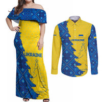 Ukraine Christmas Couples Matching Off Shoulder Maxi Dress and Long Sleeve Button Shirt with Yellow and Blue Tree Design and Traditional Embroidery - Wonder Print Shop