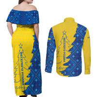 Ukraine Christmas Couples Matching Off Shoulder Maxi Dress and Long Sleeve Button Shirt with Yellow and Blue Tree Design and Traditional Embroidery - Wonder Print Shop