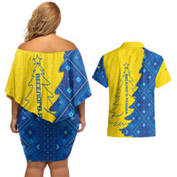 Ukraine Christmas Couples Matching Off Shoulder Short Dress and Hawaiian Shirt with Yellow and Blue Tree Design and Traditional Embroidery - Wonder Print Shop