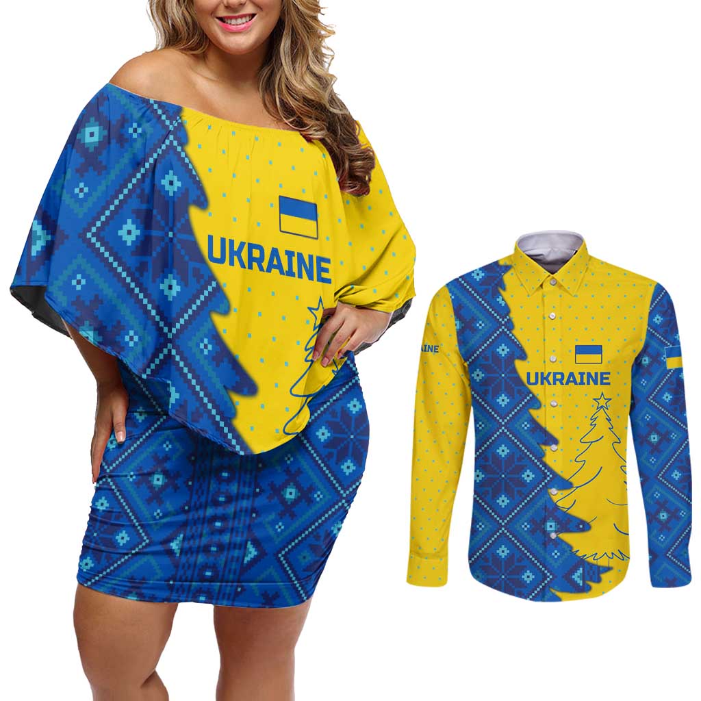 Ukraine Christmas Couples Matching Off Shoulder Short Dress and Long Sleeve Button Shirt with Yellow and Blue Tree Design and Traditional Embroidery - Wonder Print Shop