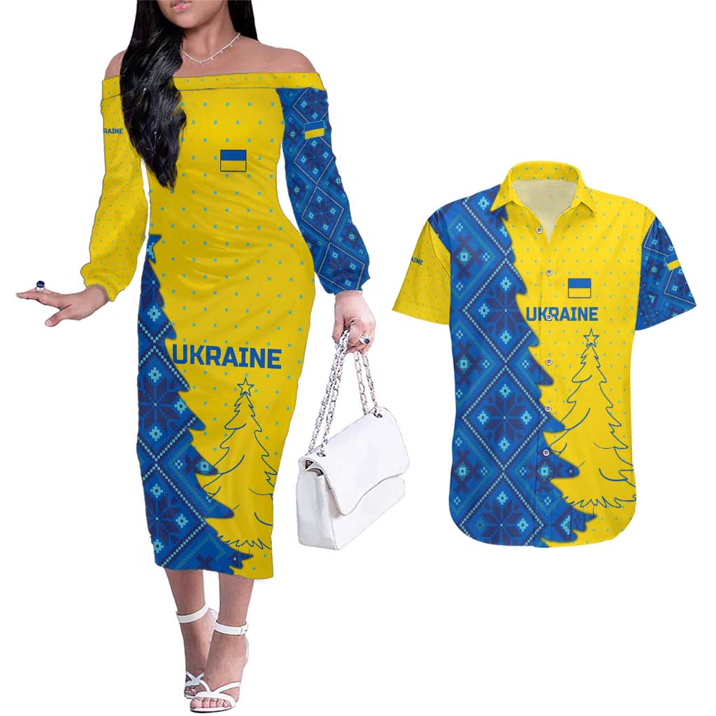Ukraine Christmas Couples Matching Off The Shoulder Long Sleeve Dress and Hawaiian Shirt with Yellow and Blue Tree Design and Traditional Embroidery - Wonder Print Shop
