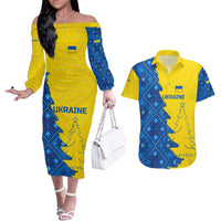 Ukraine Christmas Couples Matching Off The Shoulder Long Sleeve Dress and Hawaiian Shirt with Yellow and Blue Tree Design and Traditional Embroidery - Wonder Print Shop