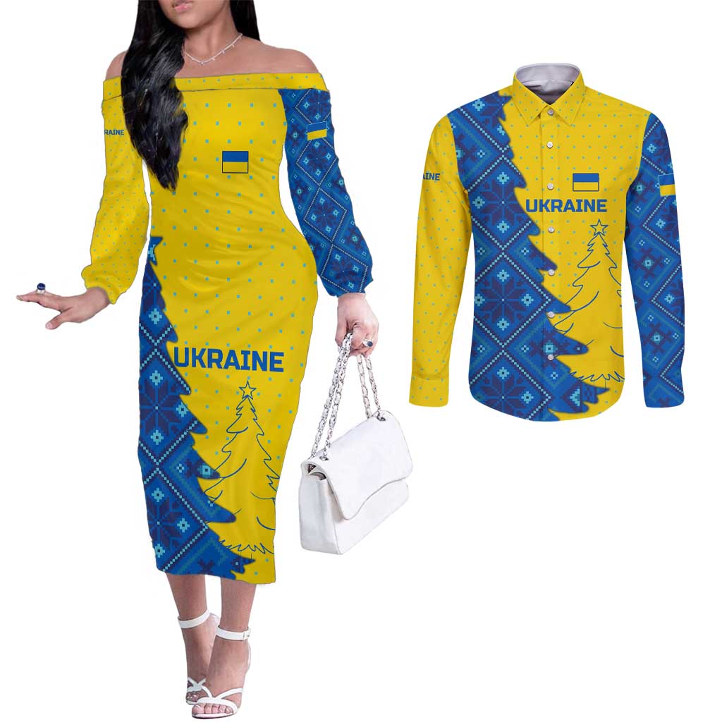Ukraine Christmas Couples Matching Off The Shoulder Long Sleeve Dress and Long Sleeve Button Shirt with Yellow and Blue Tree Design and Traditional Embroidery - Wonder Print Shop