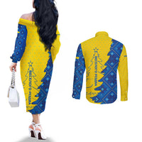 Ukraine Christmas Couples Matching Off The Shoulder Long Sleeve Dress and Long Sleeve Button Shirt with Yellow and Blue Tree Design and Traditional Embroidery - Wonder Print Shop