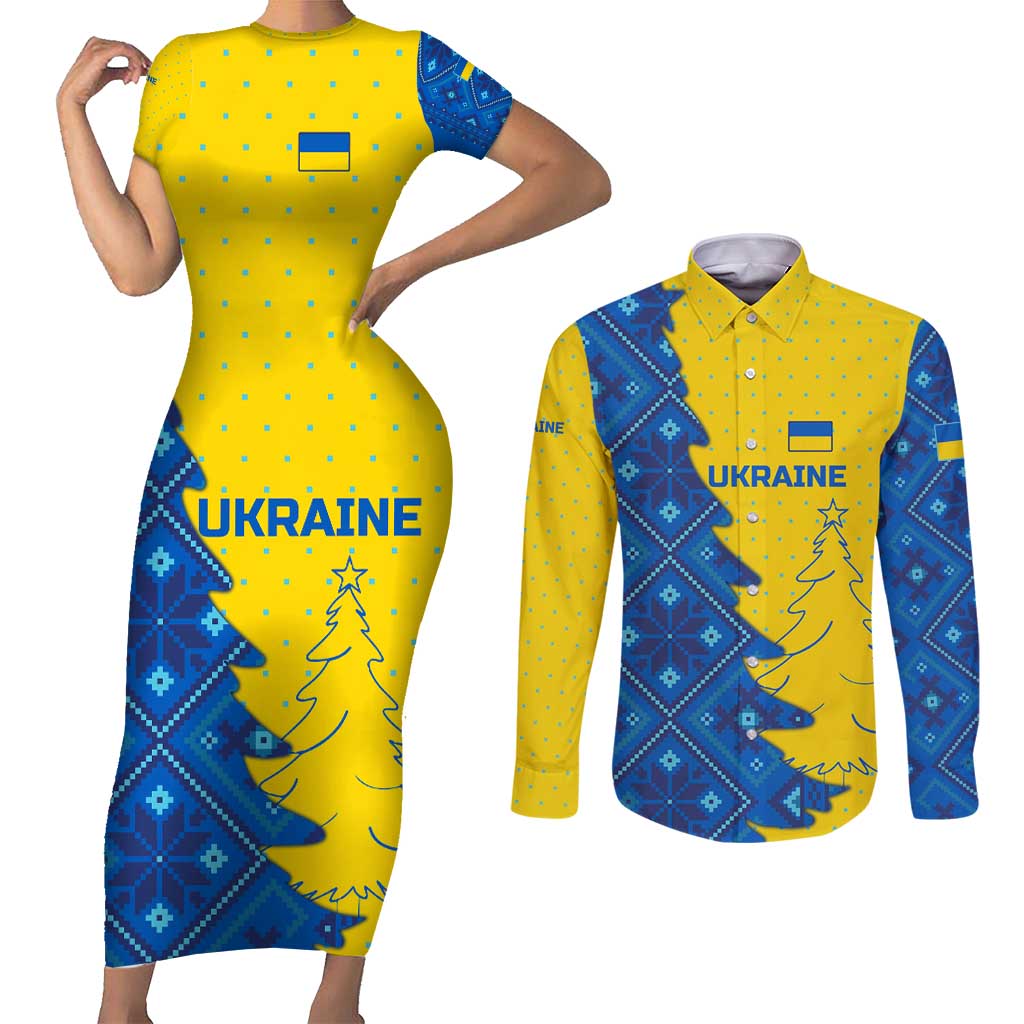 Ukraine Christmas Couples Matching Short Sleeve Bodycon Dress and Long Sleeve Button Shirt with Yellow and Blue Tree Design and Traditional Embroidery - Wonder Print Shop