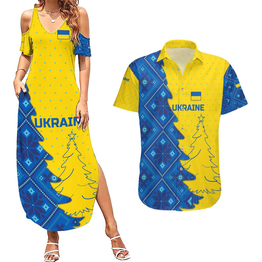 Ukraine Christmas Couples Matching Summer Maxi Dress and Hawaiian Shirt with Yellow and Blue Tree Design and Traditional Embroidery - Wonder Print Shop