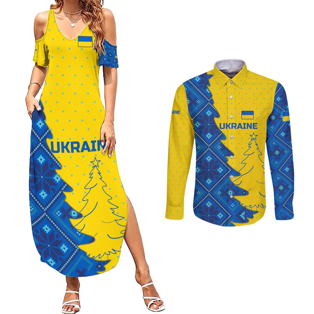 Ukraine Christmas Couples Matching Summer Maxi Dress and Long Sleeve Button Shirt with Yellow and Blue Tree Design and Traditional Embroidery - Wonder Print Shop
