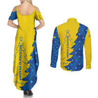 Ukraine Christmas Couples Matching Summer Maxi Dress and Long Sleeve Button Shirt with Yellow and Blue Tree Design and Traditional Embroidery - Wonder Print Shop