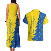 Ukraine Christmas Couples Matching Tank Maxi Dress and Hawaiian Shirt with Yellow and Blue Tree Design and Traditional Embroidery - Wonder Print Shop