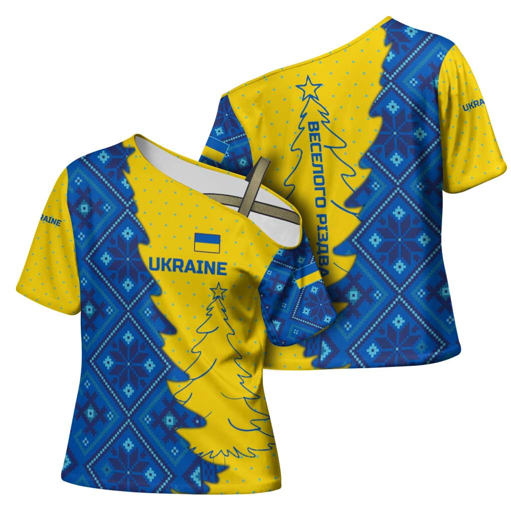 Ukraine Christmas Cross Shoulder Shirt with Yellow and Blue Tree Design and Traditional Embroidery - Wonder Print Shop