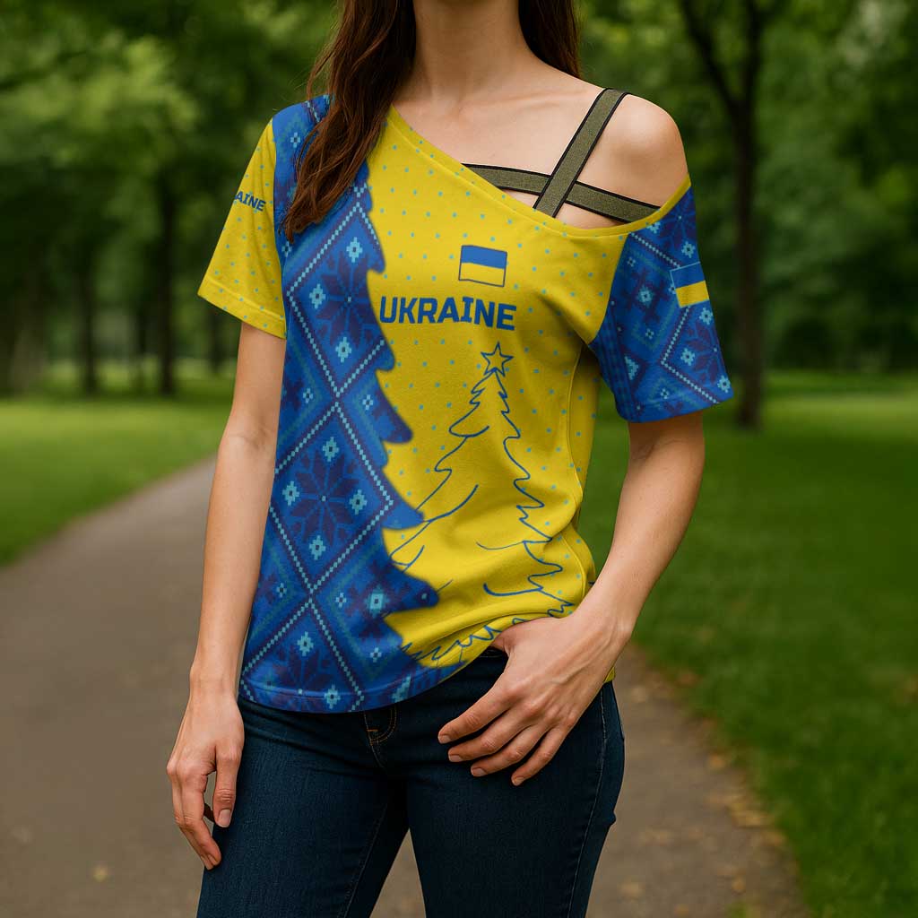 Ukraine Christmas Cross Shoulder Shirt with Yellow and Blue Tree Design and Traditional Embroidery - Wonder Print Shop