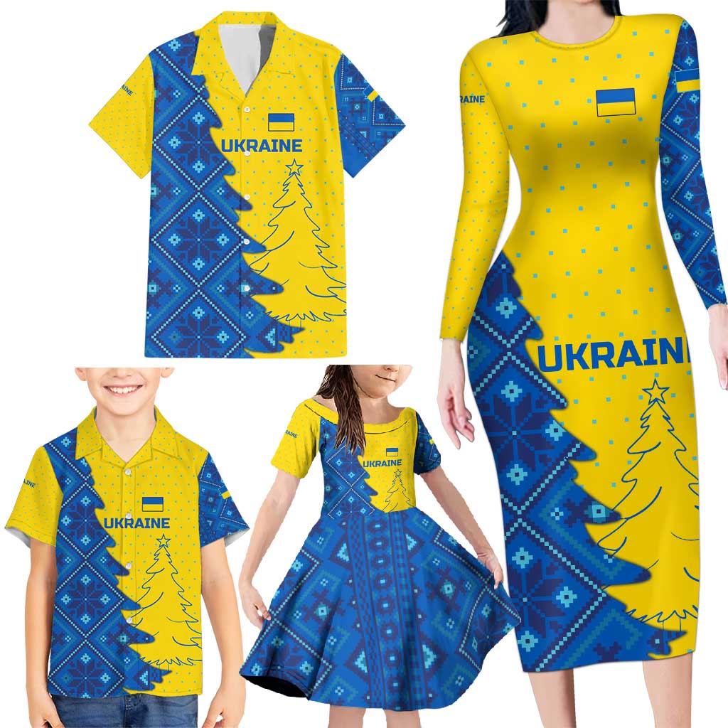 Ukraine Christmas Family Matching Long Sleeve Bodycon Dress and Hawaiian Shirt with Yellow and Blue Tree Design and Traditional Embroidery - Wonder Print Shop