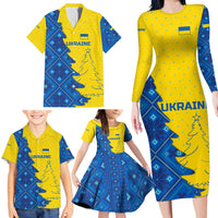 Ukraine Christmas Family Matching Long Sleeve Bodycon Dress and Hawaiian Shirt with Yellow and Blue Tree Design and Traditional Embroidery - Wonder Print Shop