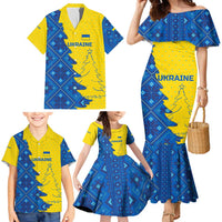 Ukraine Christmas Family Matching Mermaid Dress and Hawaiian Shirt with Yellow and Blue Tree Design and Traditional Embroidery - Wonder Print Shop