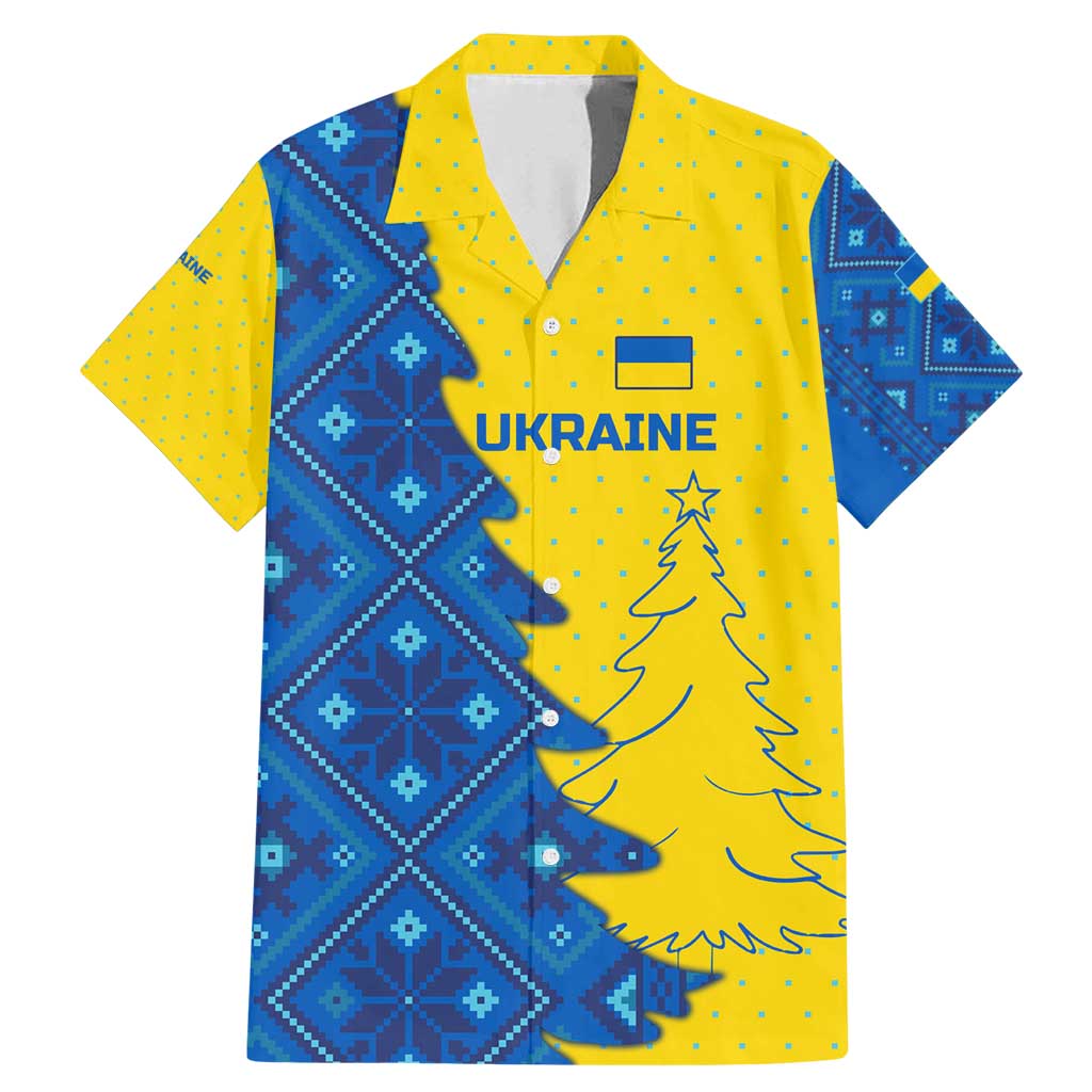 Ukraine Christmas Family Matching Mermaid Dress and Hawaiian Shirt with Yellow and Blue Tree Design and Traditional Embroidery - Wonder Print Shop