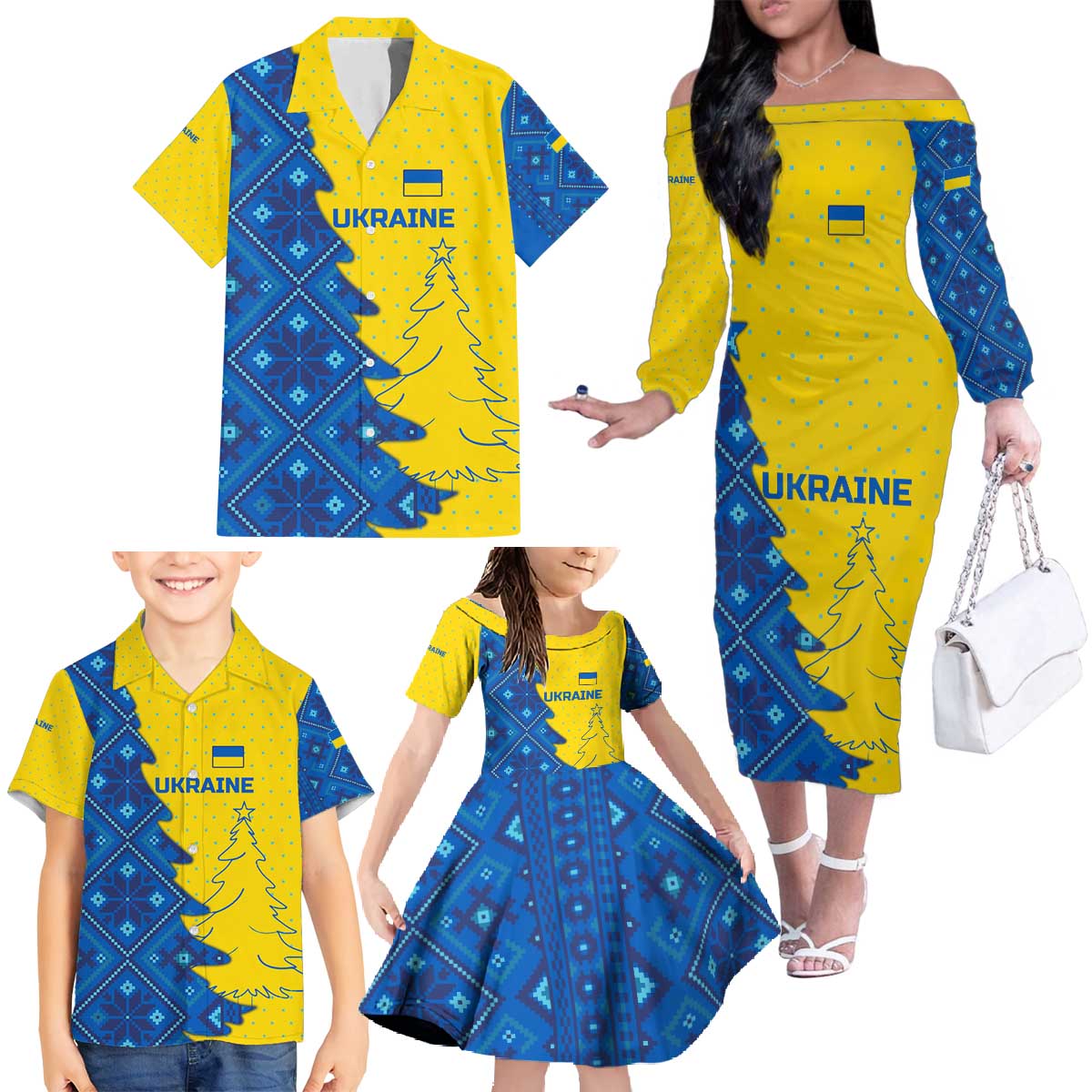 Ukraine Christmas Family Matching Off The Shoulder Long Sleeve Dress and Hawaiian Shirt with Yellow and Blue Tree Design and Traditional Embroidery - Wonder Print Shop