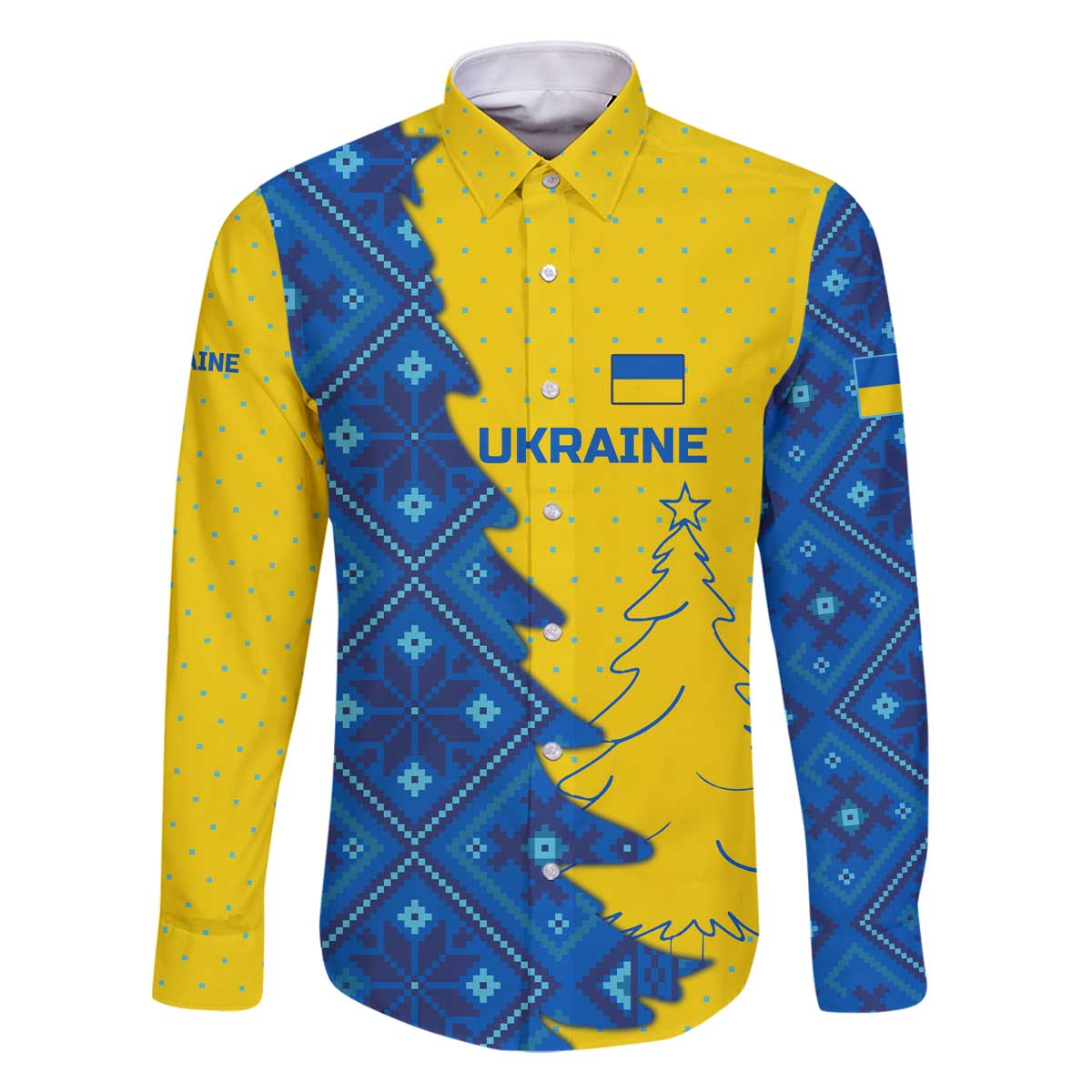 Ukraine Christmas Family Matching Off The Shoulder Long Sleeve Dress and Hawaiian Shirt with Yellow and Blue Tree Design and Traditional Embroidery - Wonder Print Shop
