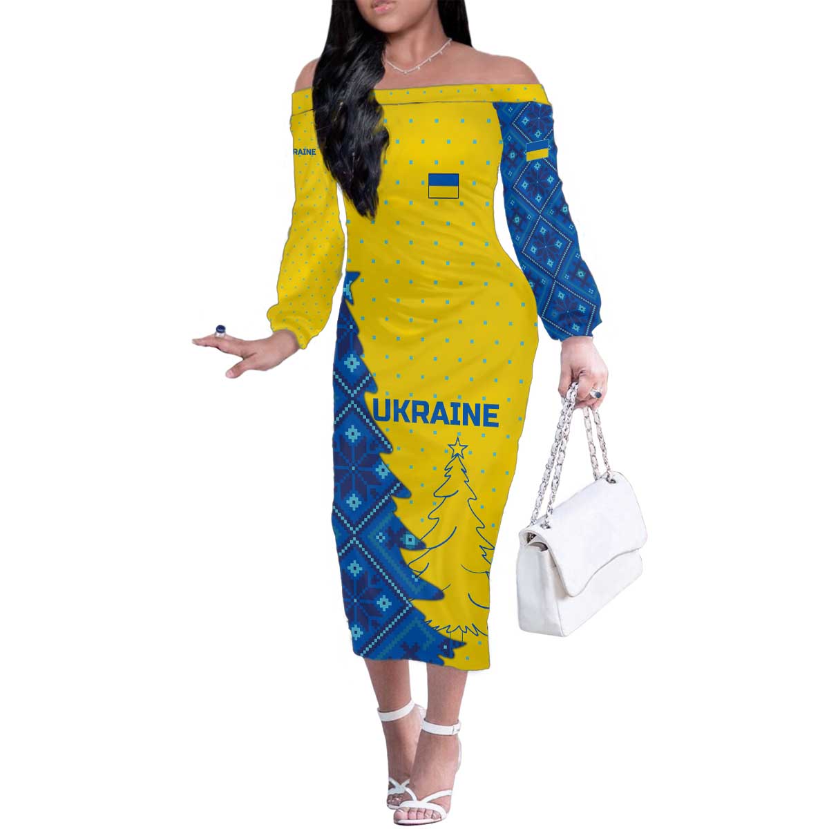 Ukraine Christmas Family Matching Off The Shoulder Long Sleeve Dress and Hawaiian Shirt with Yellow and Blue Tree Design and Traditional Embroidery - Wonder Print Shop