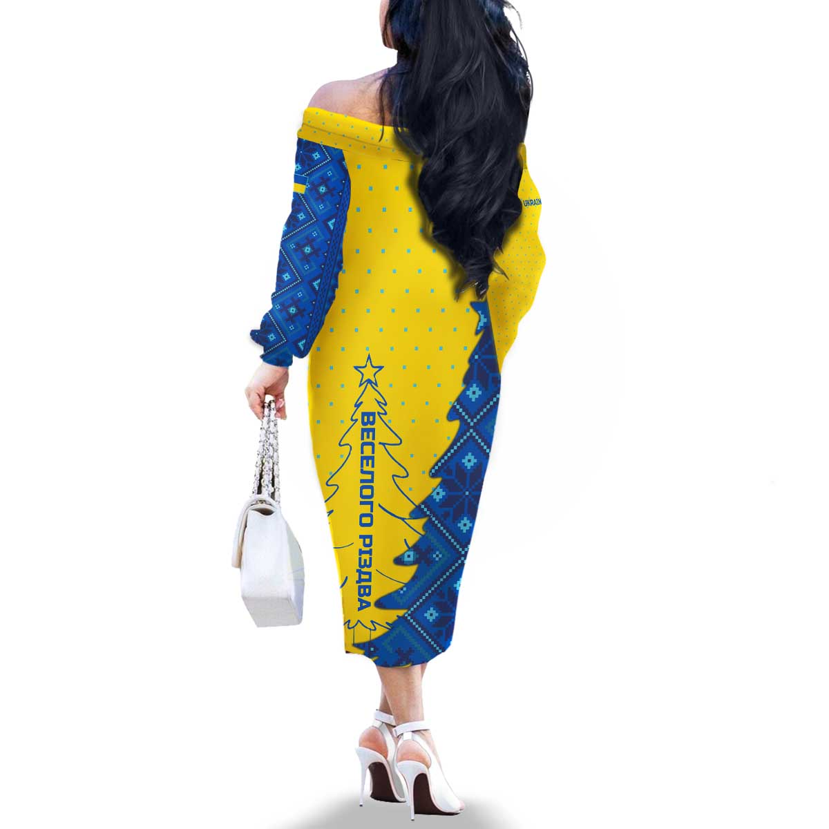 Ukraine Christmas Family Matching Off The Shoulder Long Sleeve Dress and Hawaiian Shirt with Yellow and Blue Tree Design and Traditional Embroidery - Wonder Print Shop