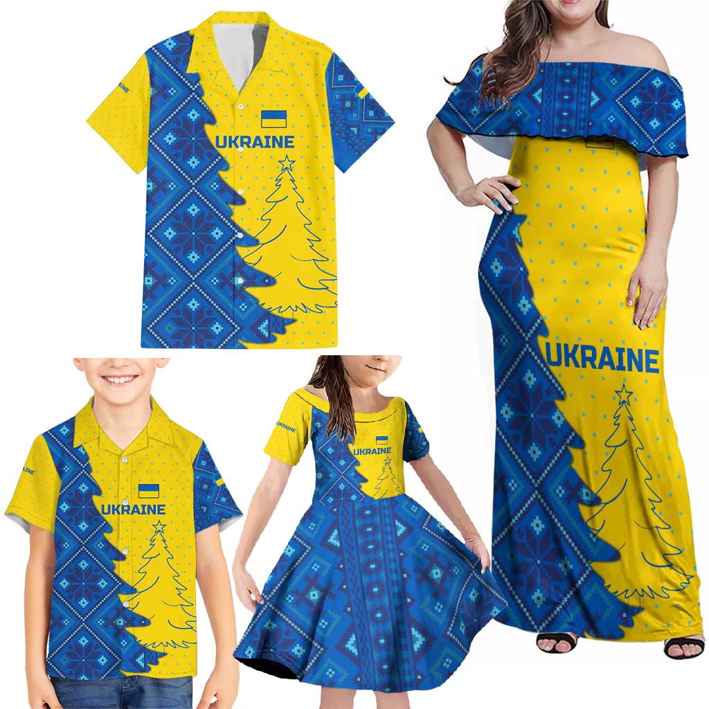 Ukraine Christmas Family Matching Off Shoulder Maxi Dress and Hawaiian Shirt with Yellow and Blue Tree Design and Traditional Embroidery - Wonder Print Shop