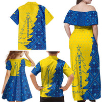 Ukraine Christmas Family Matching Off Shoulder Maxi Dress and Hawaiian Shirt with Yellow and Blue Tree Design and Traditional Embroidery - Wonder Print Shop
