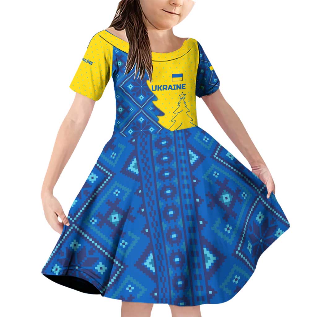 Ukraine Christmas Family Matching Off Shoulder Short Dress and Hawaiian Shirt with Yellow and Blue Tree Design and Traditional Embroidery - Wonder Print Shop