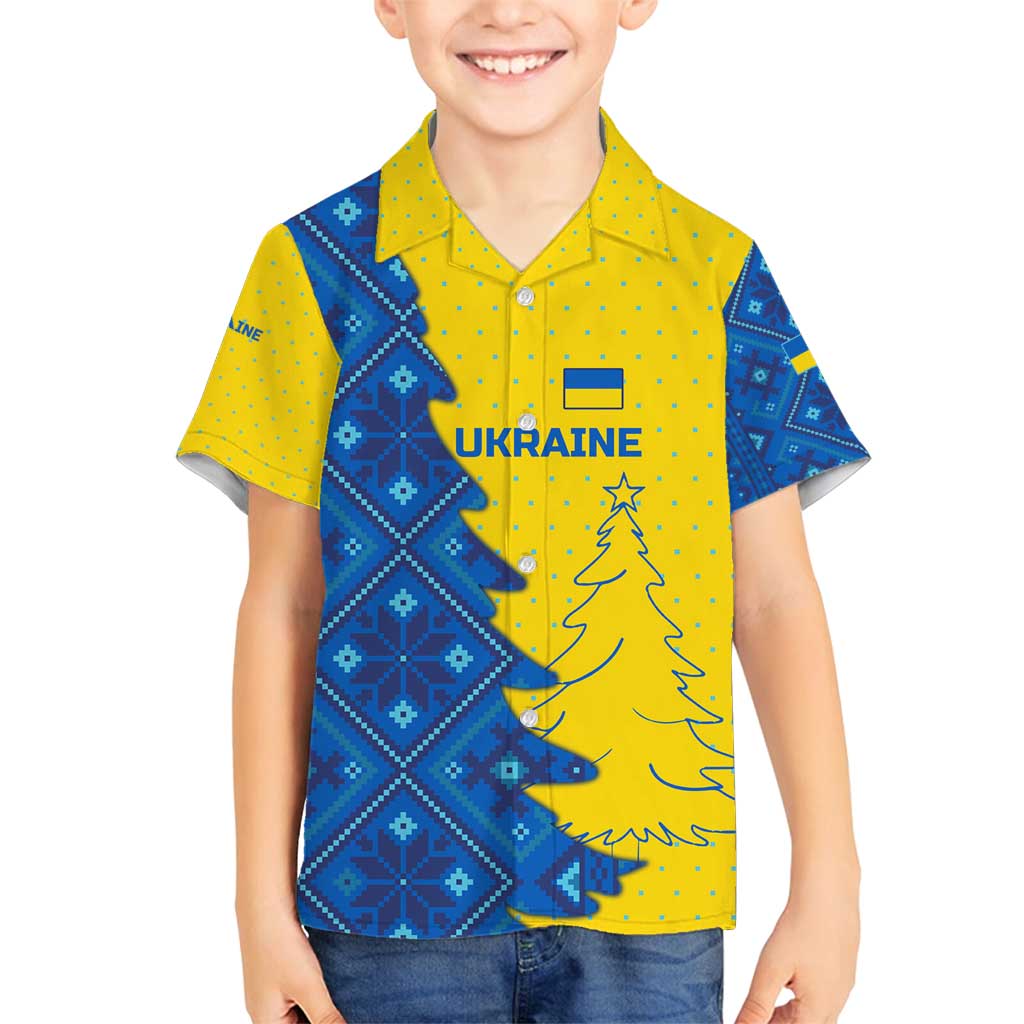 Ukraine Christmas Family Matching Off Shoulder Short Dress and Hawaiian Shirt with Yellow and Blue Tree Design and Traditional Embroidery - Wonder Print Shop