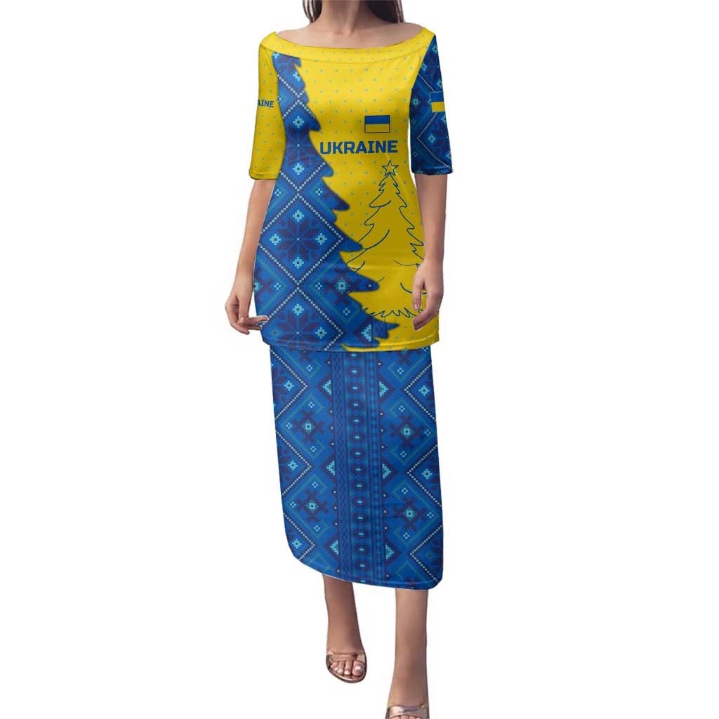 Ukraine Christmas Family Matching Puletasi and Hawaiian Shirt with Yellow and Blue Tree Design and Traditional Embroidery - Wonder Print Shop