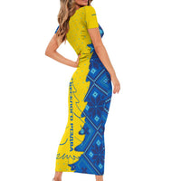Ukraine Christmas Family Matching Short Sleeve Bodycon Dress and Hawaiian Shirt with Yellow and Blue Tree Design and Traditional Embroidery - Wonder Print Shop