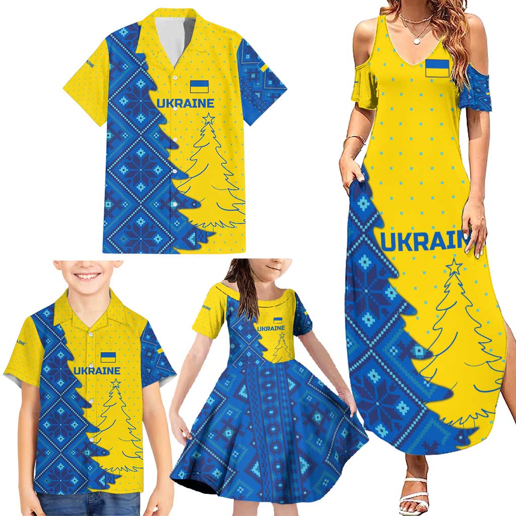 Ukraine Christmas Family Matching Summer Maxi Dress and Hawaiian Shirt with Yellow and Blue Tree Design and Traditional Embroidery - Wonder Print Shop