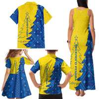 Ukraine Christmas Family Matching Tank Maxi Dress and Hawaiian Shirt with Yellow and Blue Tree Design and Traditional Embroidery - Wonder Print Shop