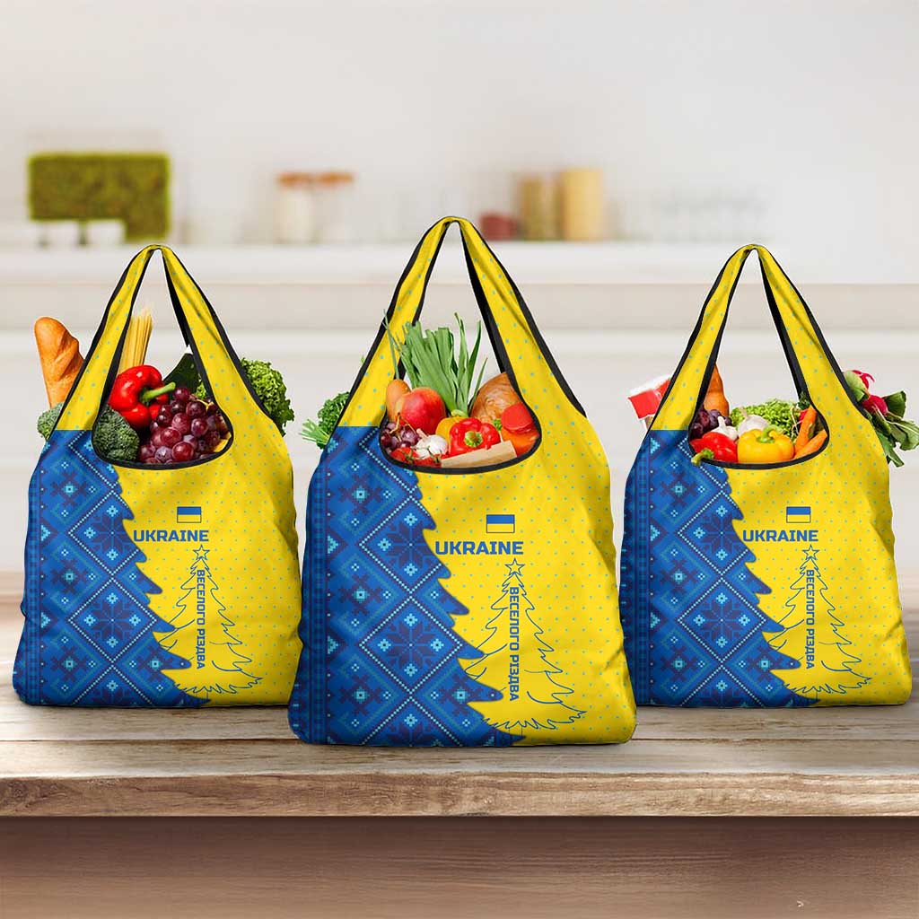 Ukraine Christmas Grocery Bag with Yellow and Blue Tree Design and Traditional Embroidery - Wonder Print Shop