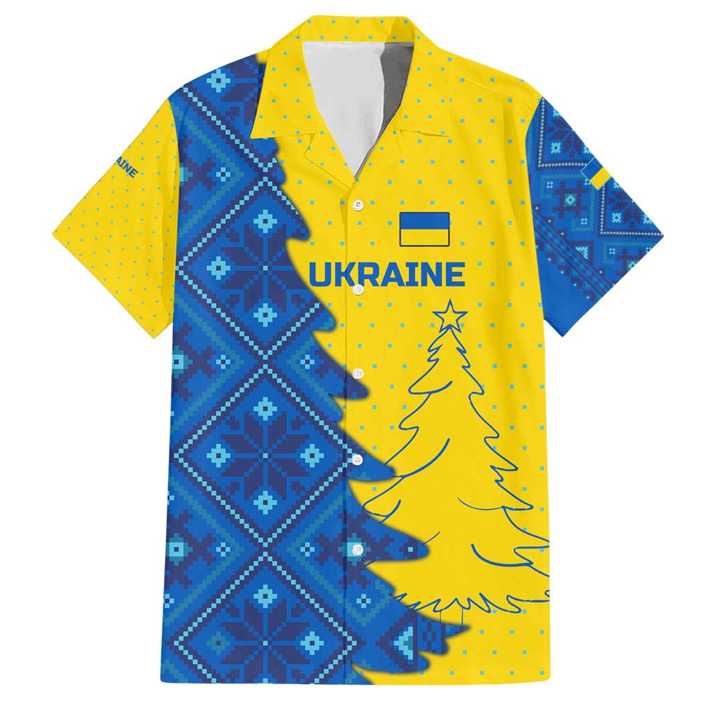 Ukraine Christmas Hawaiian Shirt with Yellow and Blue Tree Design and Traditional Embroidery - Wonder Print Shop