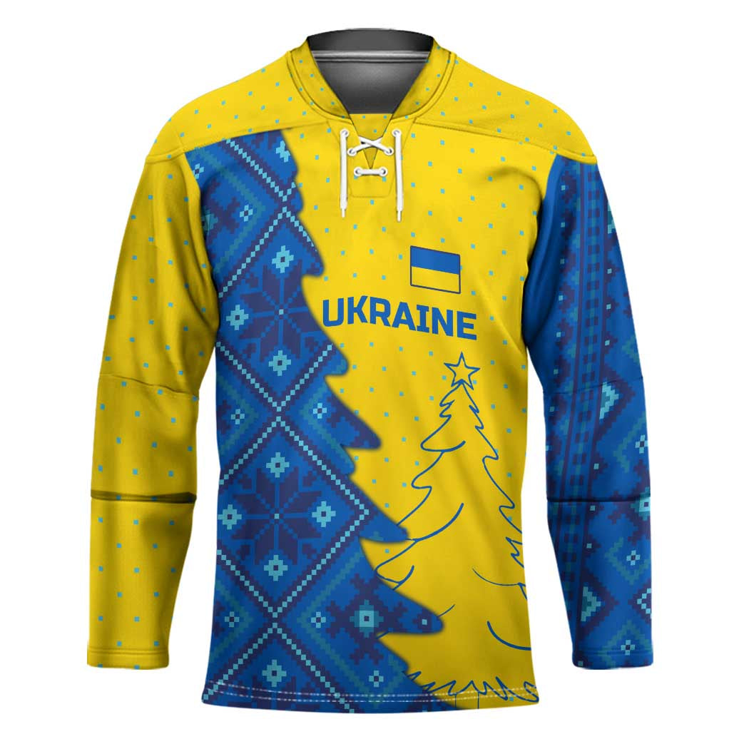 Ukraine Christmas Hockey Jersey with Yellow and Blue Tree Design and Traditional Embroidery - Wonder Print Shop