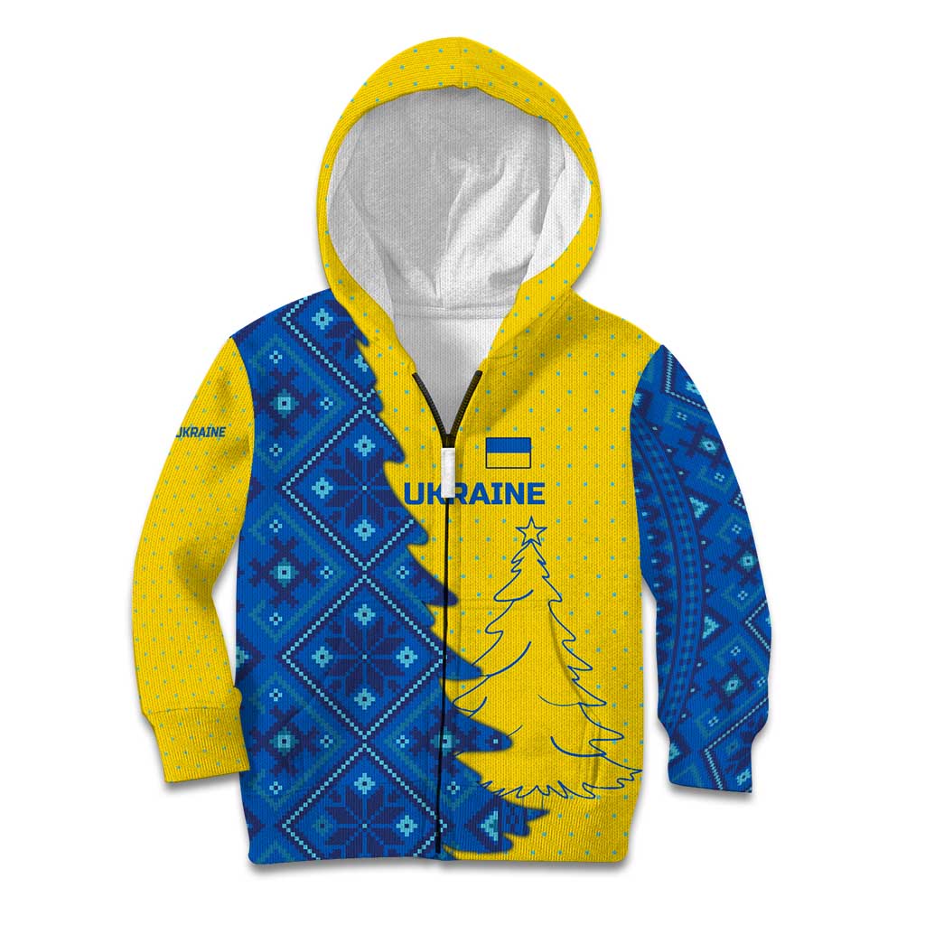Ukraine Christmas Kid Hoodie with Yellow and Blue Tree Design and Traditional Embroidery - Wonder Print Shop