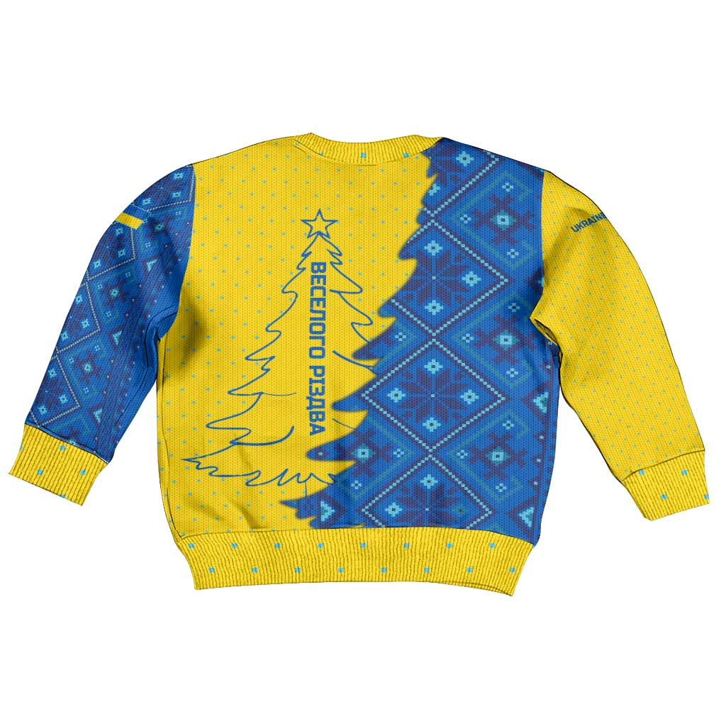 Ukraine Christmas Kid Ugly Christmas Sweater with Yellow and Blue Tree Design and Traditional Embroidery - Wonder Print Shop