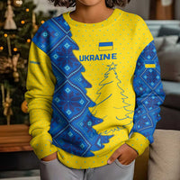 Ukraine Christmas Kid Ugly Christmas Sweater with Yellow and Blue Tree Design and Traditional Embroidery - Wonder Print Shop